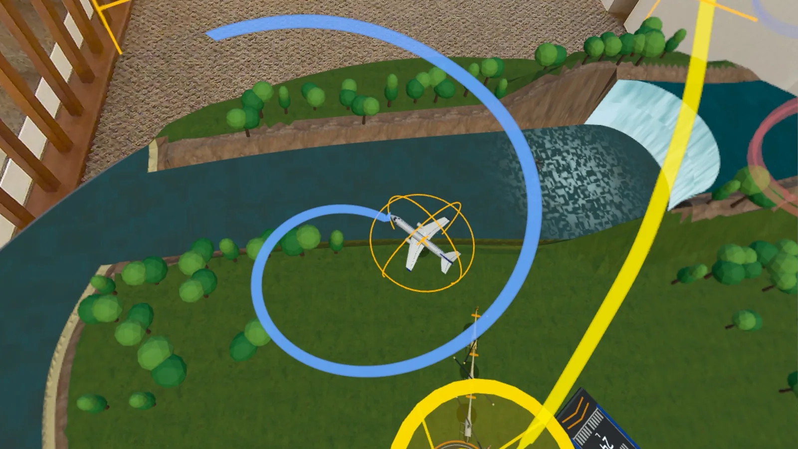 Close-up of an airliner mid-turn with its selection ring and drawn flight path over the river