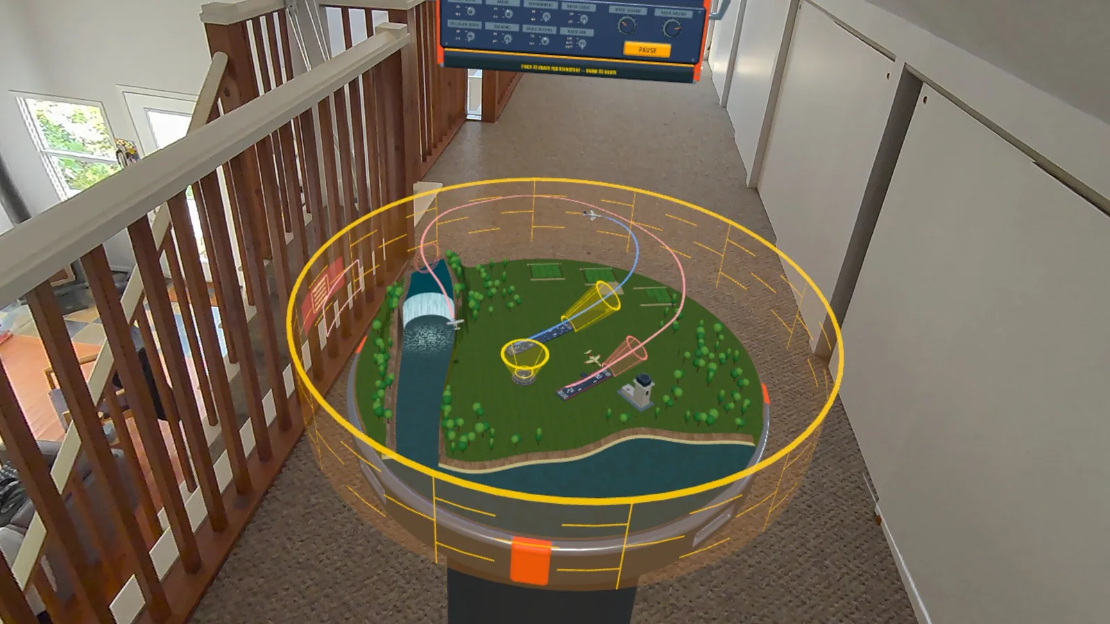 Aircraft flying circuit paths above the miniature Niagara airport in a real hallway