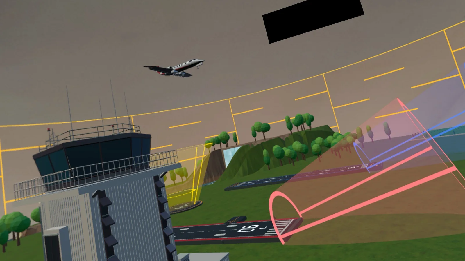 Runway-level view of an aircraft on approach over the miniature airport