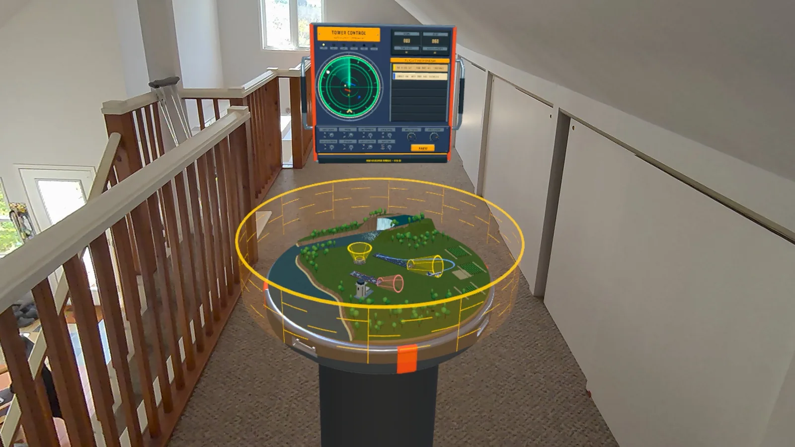 The Vector Tango control desk floating beside a miniature airport on a landing, seen through the headset